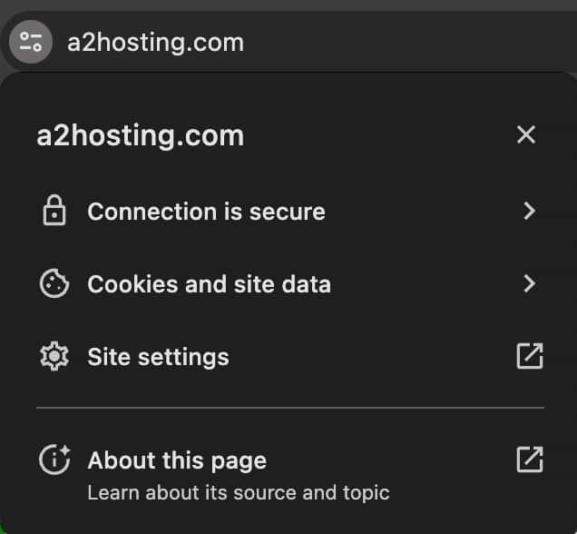 SSL certificate example. Shows details for settings, cookies, and site data