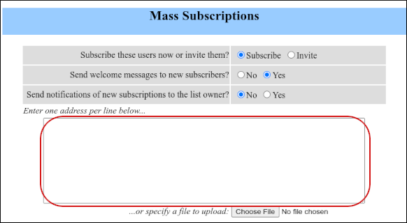 cPanel - Mailing Lists - mailman - Add subscribers text box