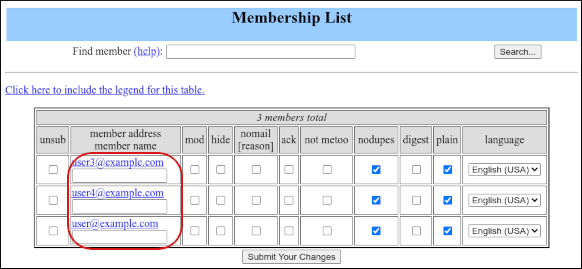 cPanel - Mailing Lists - mailman - Member list