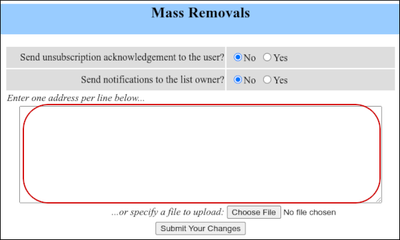 cPanel - Mailing Lists - mailman - Mass Removal - Remove subscribers text box