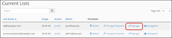 cPanel - Mailing Lists - Manage