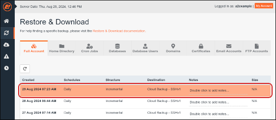 JetBackup - Restore & Download - Select backup