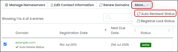 Customer Portal - Auto-renew - More - Auto Renewal Status