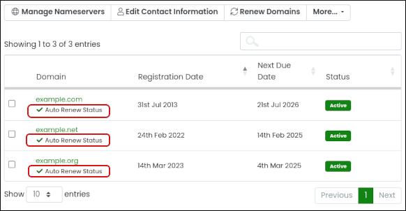 Customer Portal - Domains - My Domains - Auto Renewal Status