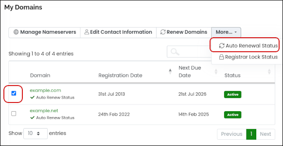 Customer Portal - Auto-renew - More - Auto Renewal Status