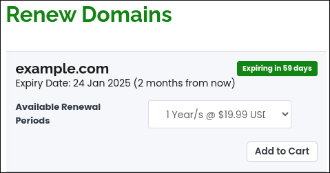 Customer Portal - Domains - Domain Renewals page