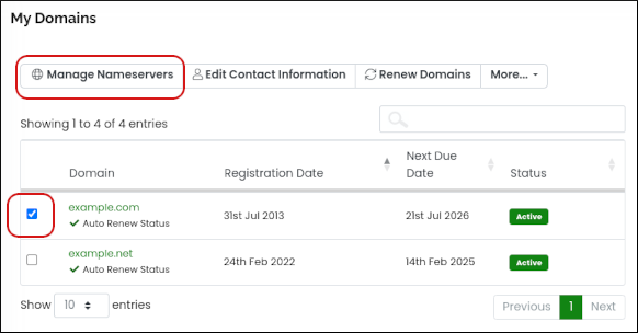 Customer Portal - Domains - Manage Nameservers