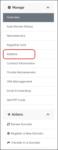 Customer Portal - Domains - Manage sidebar - Addons
