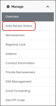 Customer Portal - Domains - Manage sidebar - Auto Renew Status