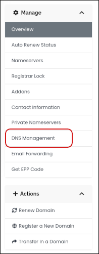 Customer Portal - Domains - Manage sidebar - DNS Management