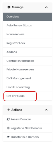 Customer Portal - Domains- Manage sidebar - Get EPP Code