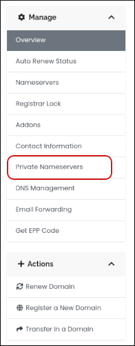 Customer Portal - Domains - Manage sidebar - Private Nameservers