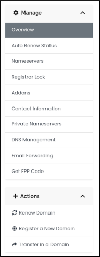 Customer Portal - Domains - Manage sidebar