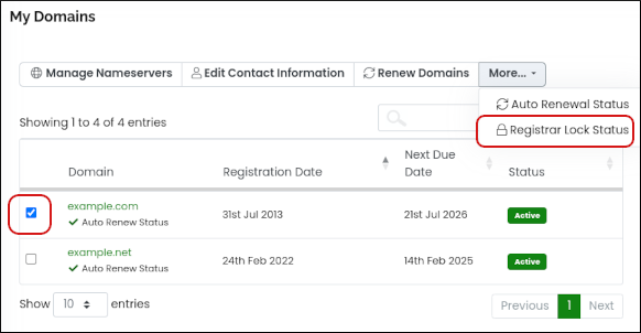 Customer Portal - Domains - Registrar Lock Status