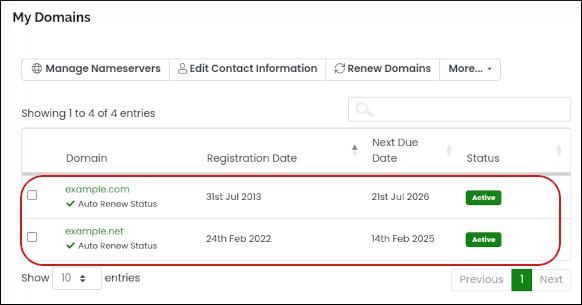 Customer Portal - Domains - Domain list