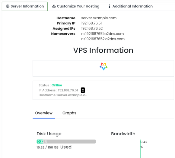 Customer Portal - Managed VPS - Server Information tab