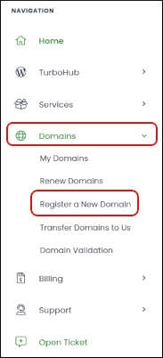 Customer Portal - Domains - Register a new domain menu