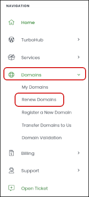 Customer Portal - Domains - Renew Domains menu