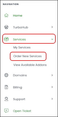 Customer Portal - Services - Order new services menu