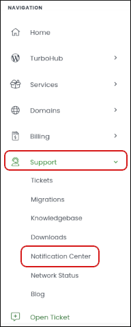 Customer Portal - Support - Notification center menu