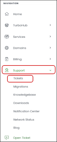 Customer Portal - Support - Tickets menu