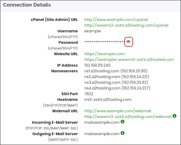 Customer Portal - Shared Hosting - Connection Details page