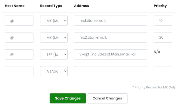 Customer Portal - Domains - Titan Email DNS records