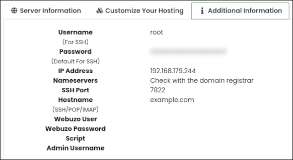 Customer Portal - Unmanaged VPS - Additional Information tab