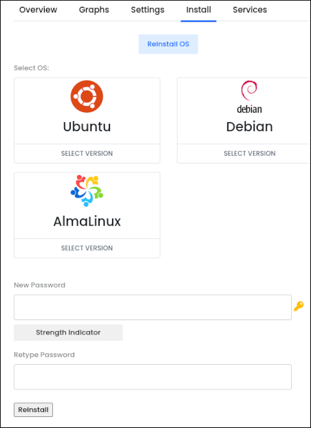 Customer Portal - Unmanaged VPS - Install tab