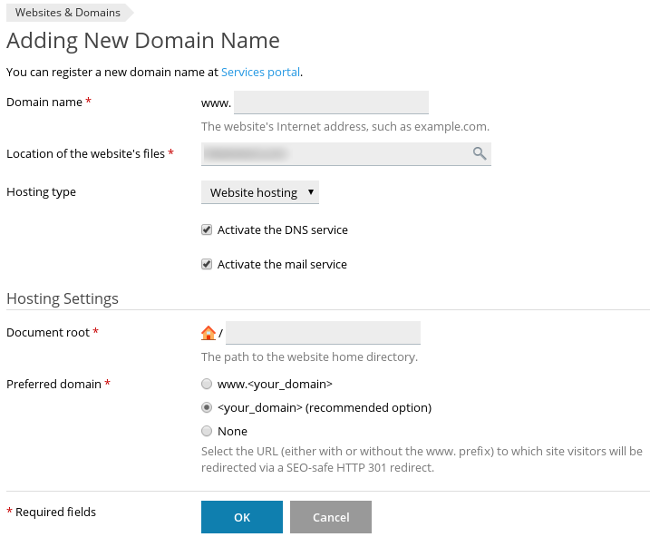 Plesk - Adding New Domain Name page