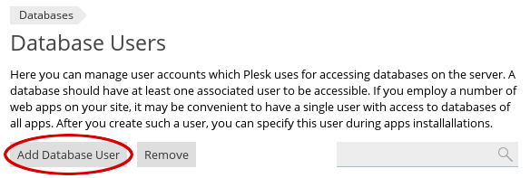 Plesk - Databases - Add Database User button