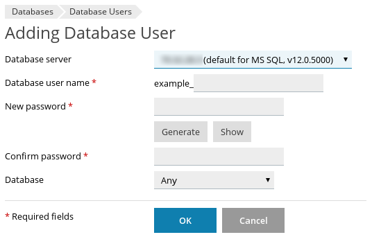 Plesk - Databases - Adding Database User page