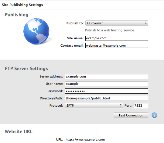 iWeb - Site Publishing Settings page