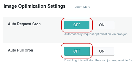 WordPress - sidebar - LiteSpeed Cache - Image Optimization - Auto Request Cron and Auto Pull Cron set to OFF