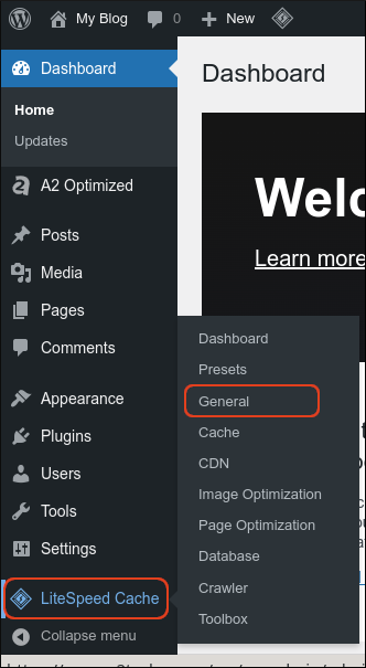 WordPress - LiteSpeed Cache - sidebar menu