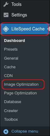 WordPress - sidebar - LiteSpeed Cache - Image Optimization