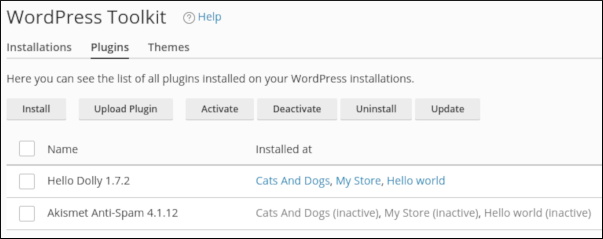 WordPress Toolkit - Plugins tab